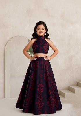 Girls Maroon Floral Print Silk Lehenga Set