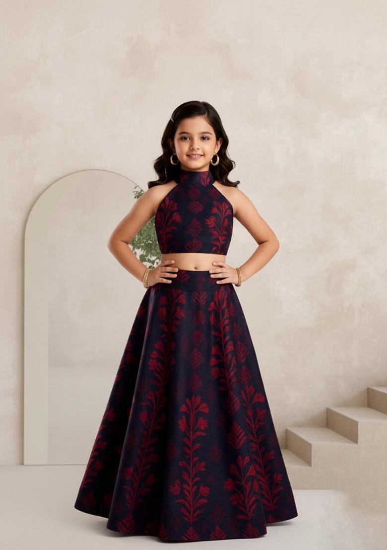 Girls Maroon Floral Print Silk Lehenga Set