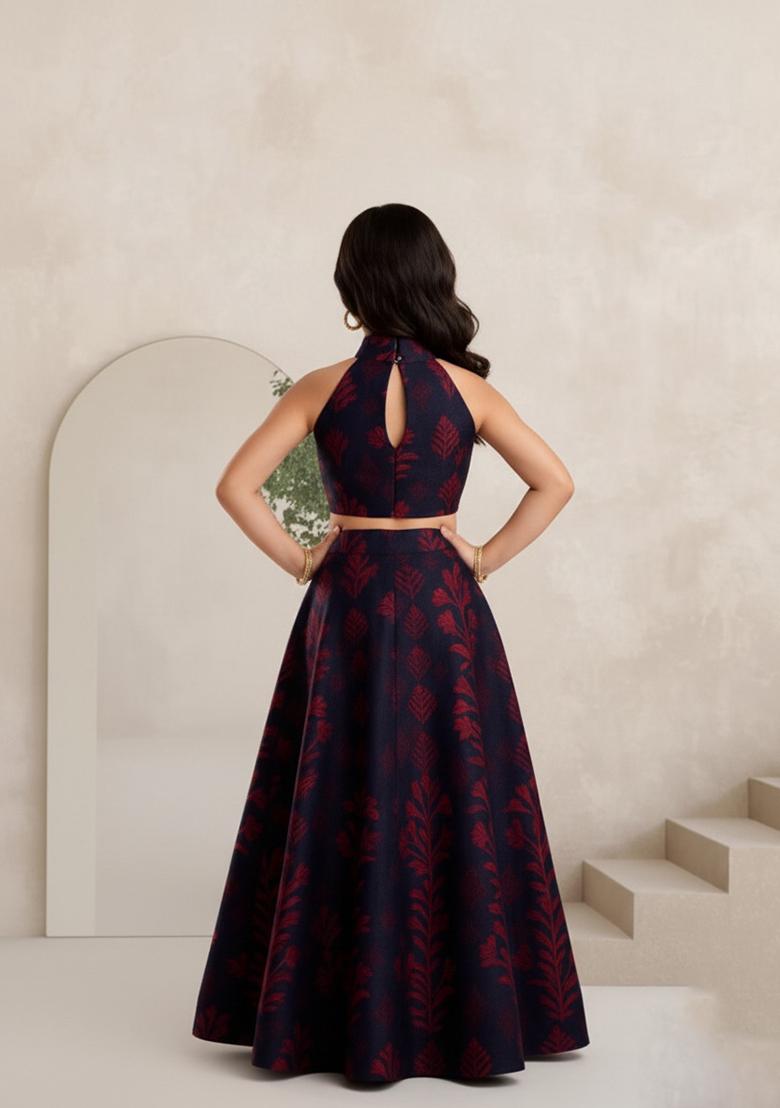 Girls Maroon Floral Print Silk Lehenga Set - Indya