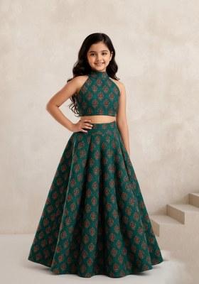 Girls Blue Figure Print Silk Lehenga Set