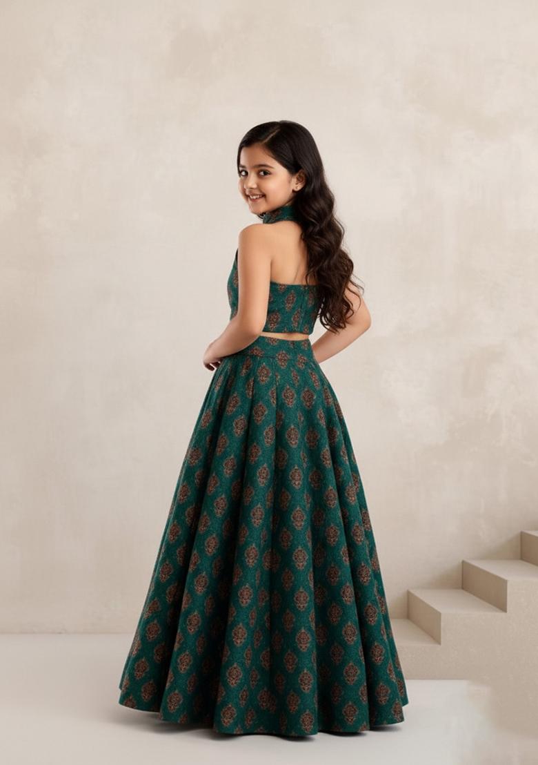 Girls Blue Figure Print Silk Lehenga Set - Indya