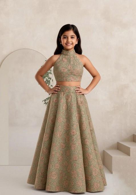 Girls Multicolor Floral Print Silk Lehenga Set