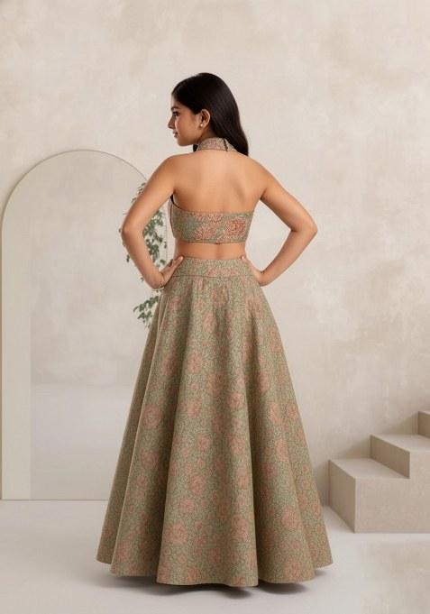 Girls Multicolor Floral Print Silk Lehenga Set