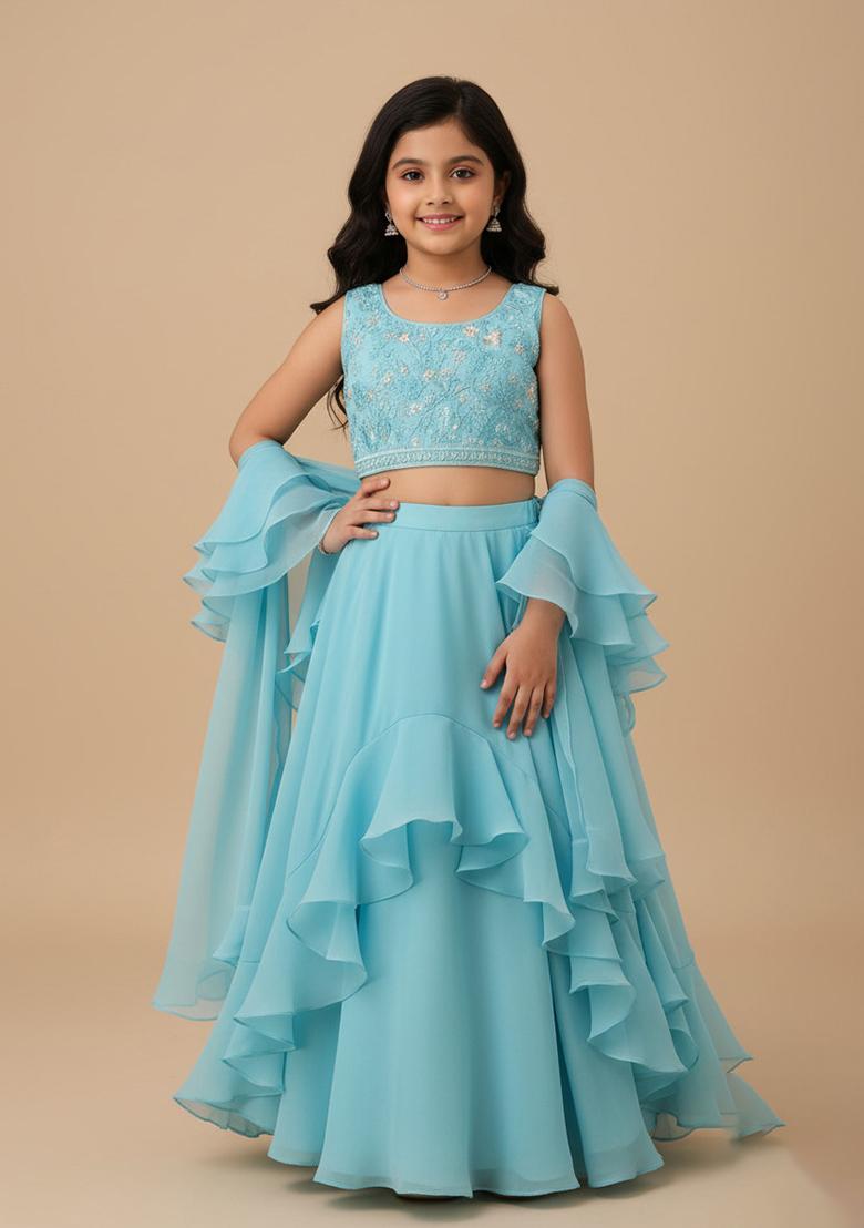 Girls Sky Blue Sequin Chinon Lehenga Set