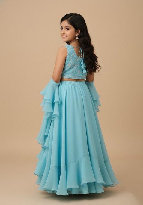 Girls Sky Blue Sequin Chinon Lehenga Set