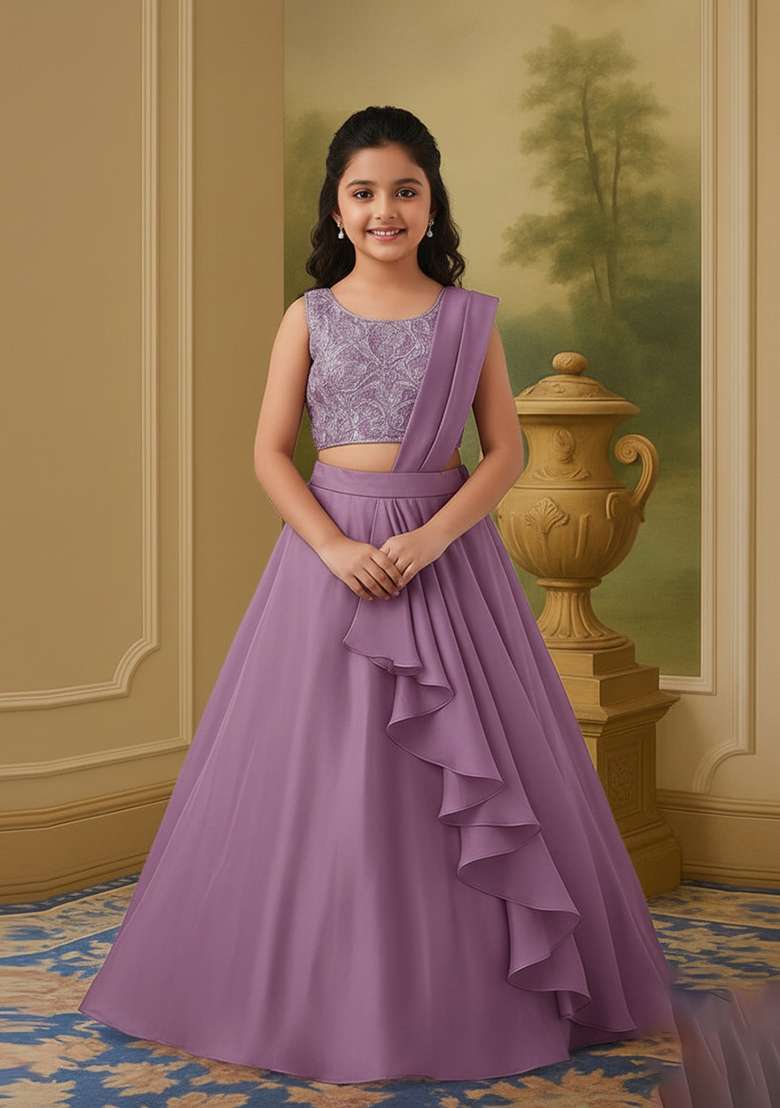 Girls Grey Sequin Chinon Lehenga Set - Indya