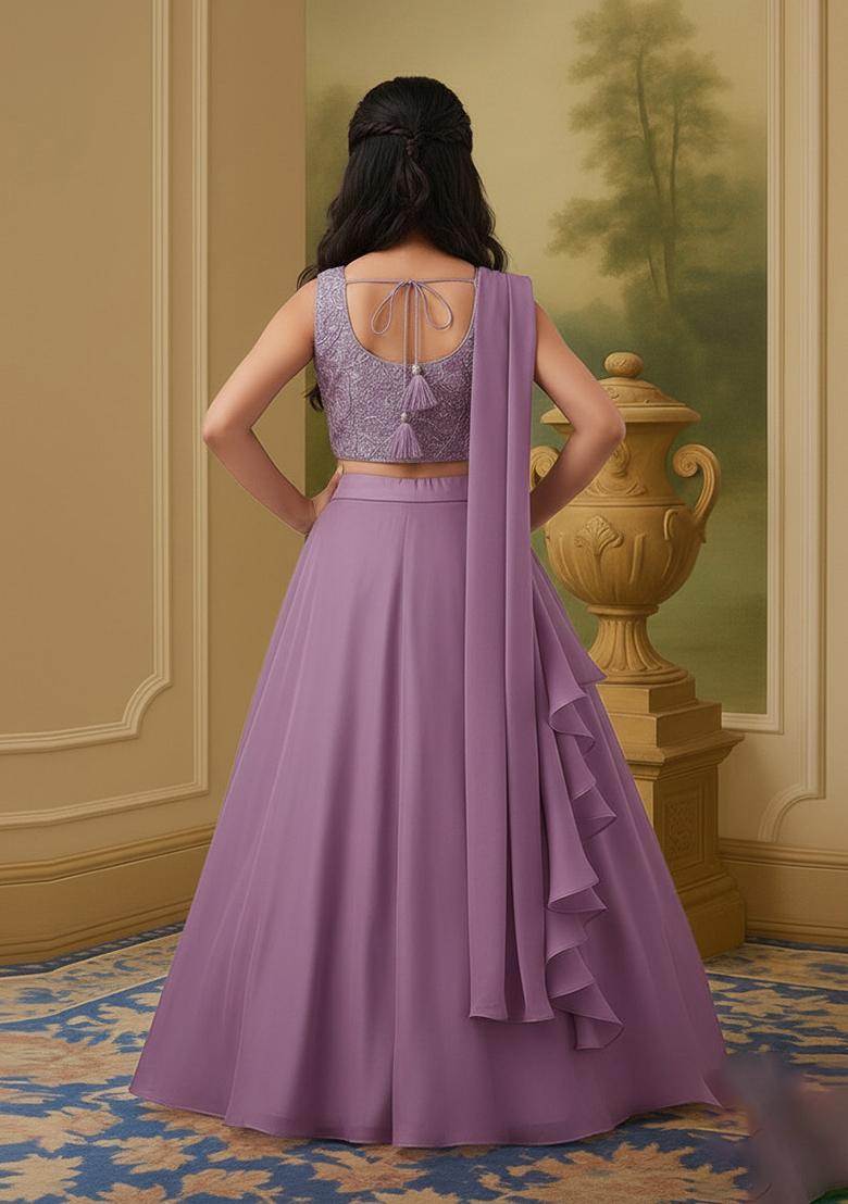 Girls Grey Sequin Chinon Lehenga Set - Indya