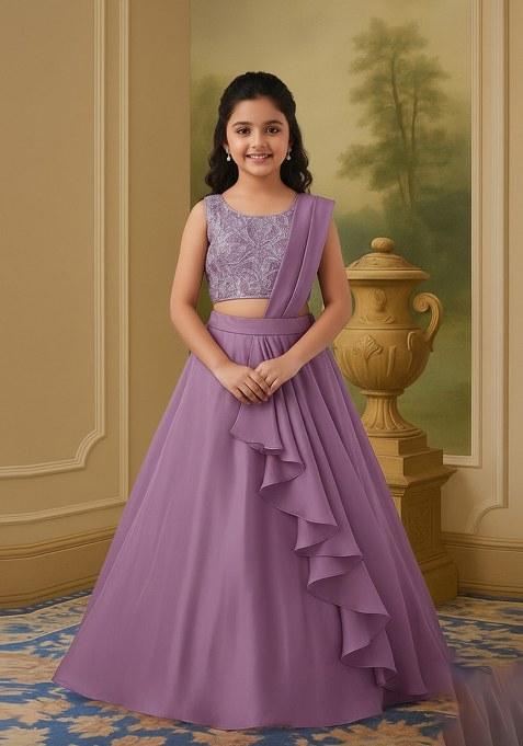 Girls Grey Sequin Chinon Lehenga Set