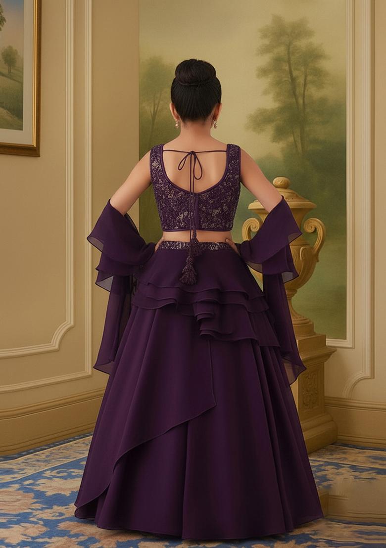 Girls Purple Sequin Chinon Lehenga Set - Indya