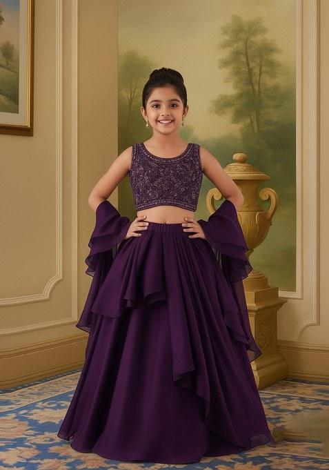 Girls Purple Sequin Chinon Lehenga Set