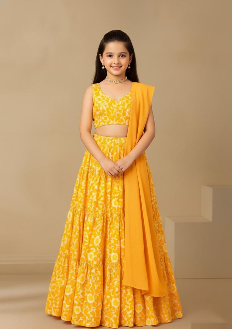 Girls Yellow Floral Print Satin Georgette Lehenga Set