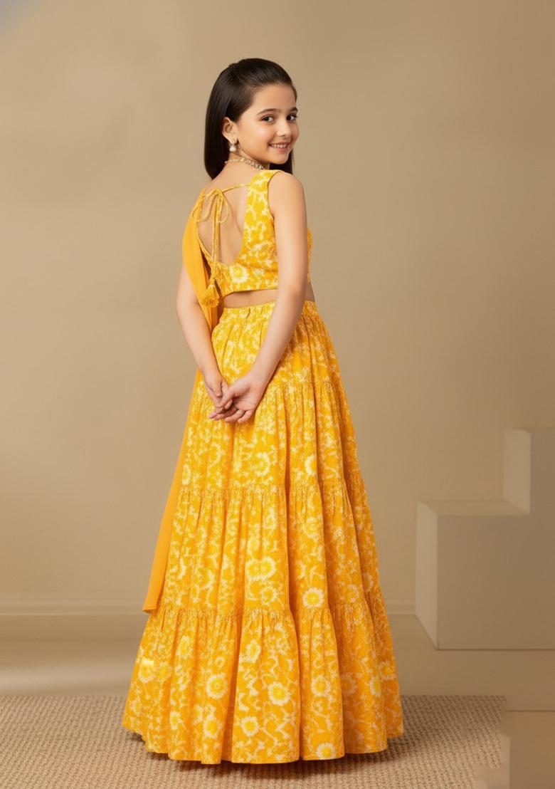 Girls Yellow Floral Print Satin Georgette Lehenga Set