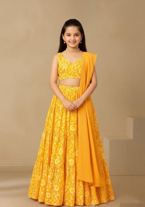Girls Yellow Floral Print Satin Georgette Lehenga Set