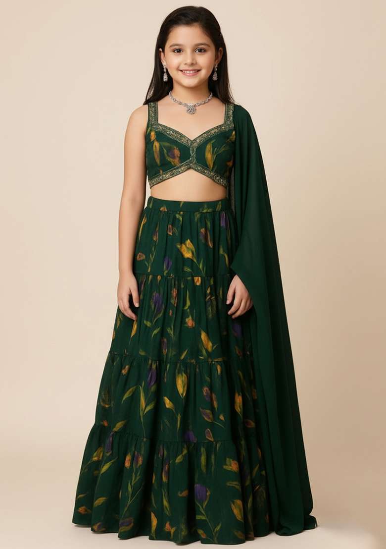 Girls Forest Green Floral Print Satin Georgette Lehenga Set - Indya