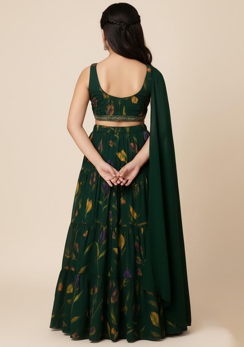Girls Forest Green Floral Print Satin Georgette Lehenga Set - Indya