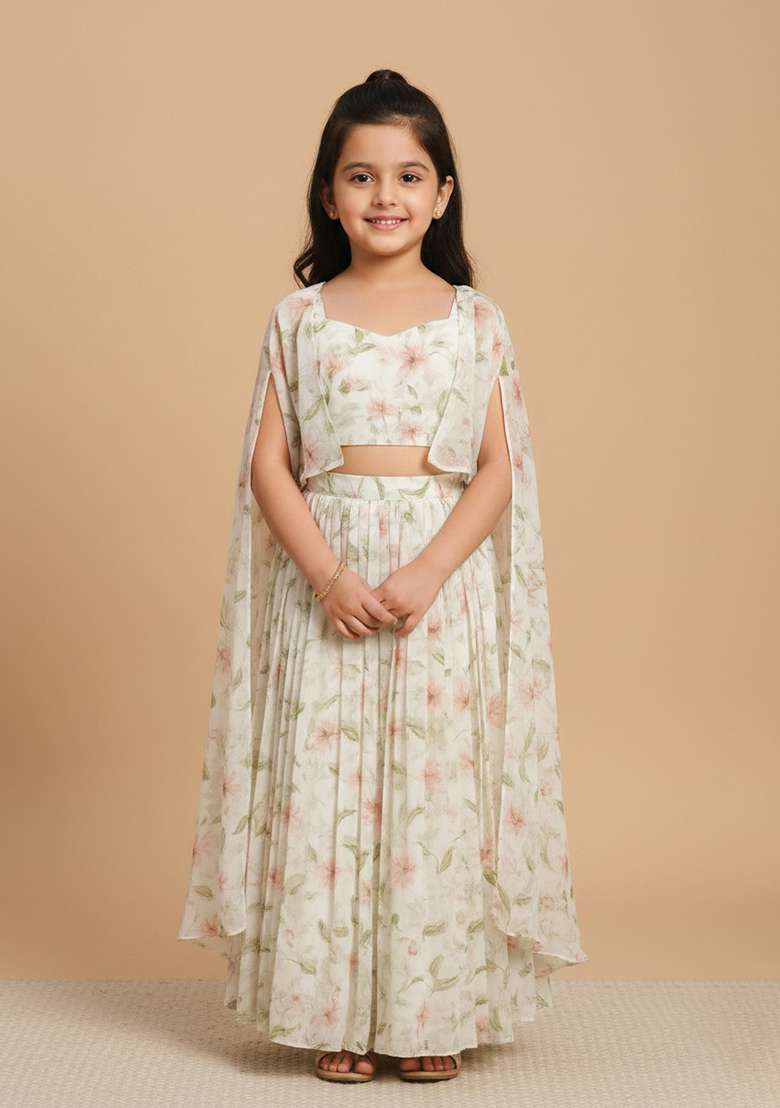 Girls Beige Floral Print Satin Georgette Lehenga Set - Indya