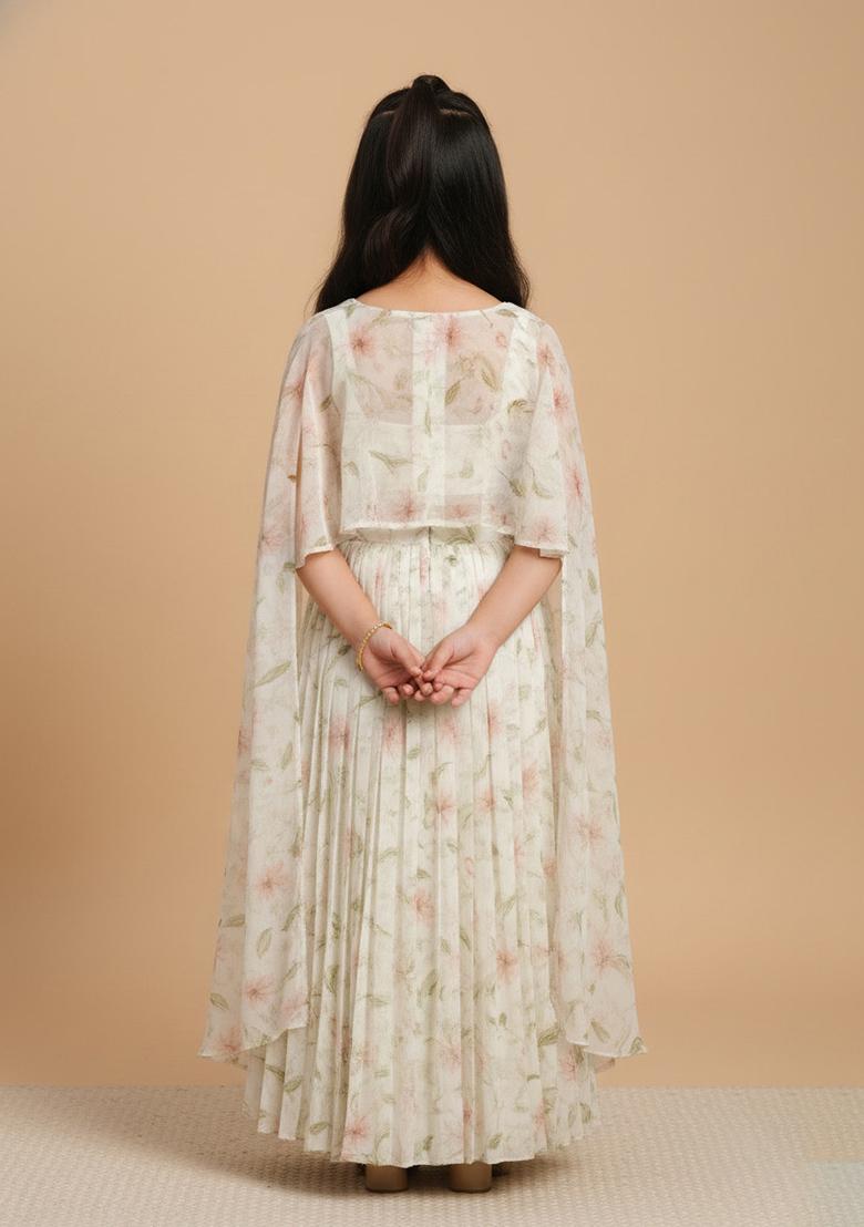 Girls Beige Floral Print Satin Georgette Lehenga Set - Indya