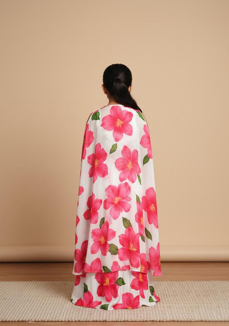 Girls White Floral Print Satin Georgette Lehenga Set - Indya