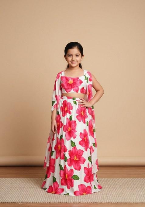 Girls White Floral Print Satin Georgette Lehenga Set
