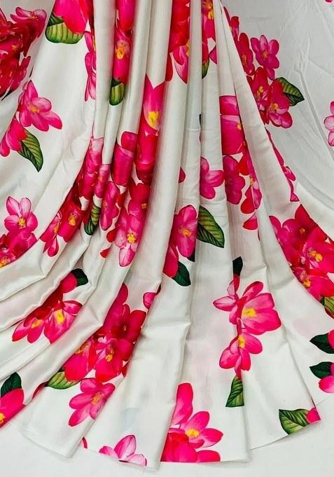 Girls White Floral Print Satin Georgette Lehenga Set