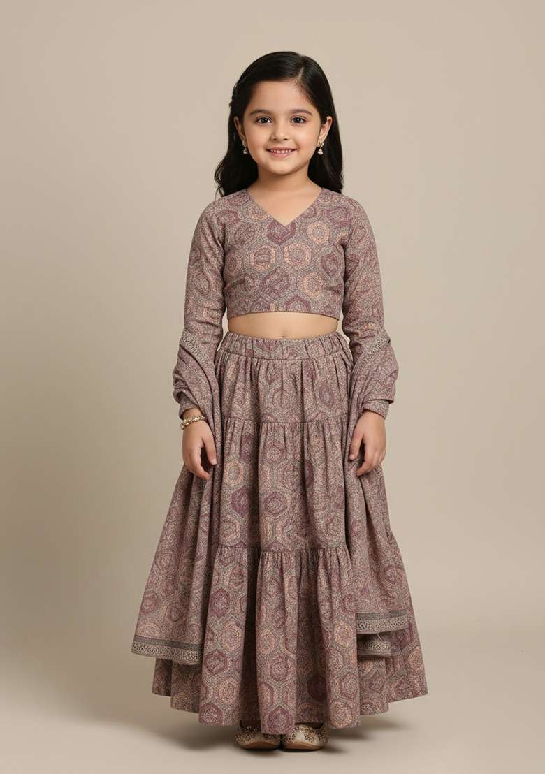Girls Purple Figure Print Georgette Lehenga Set - Indya