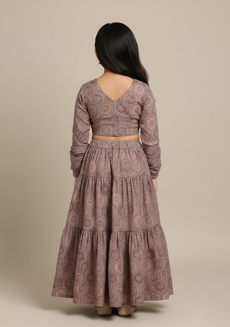 Girls Purple Figure Print Georgette Lehenga Set - Indya