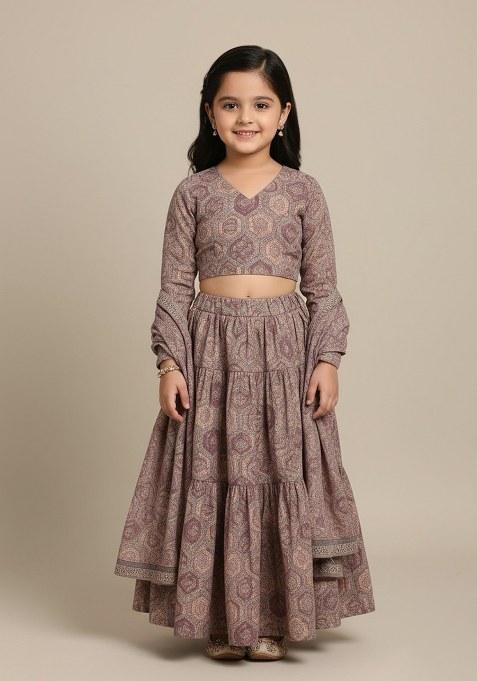Girls Purple Figure Print Georgette Lehenga Set