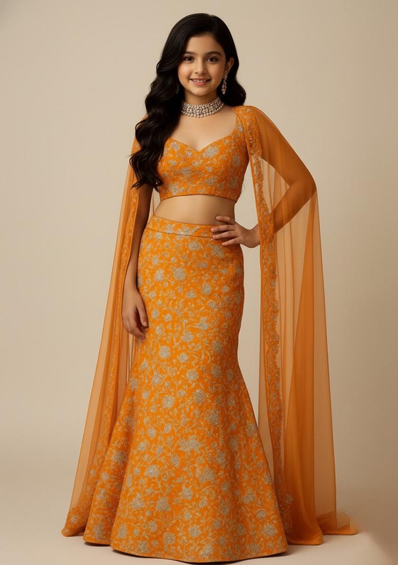 Girls Orange Embroidered Chinon Lehenga Set