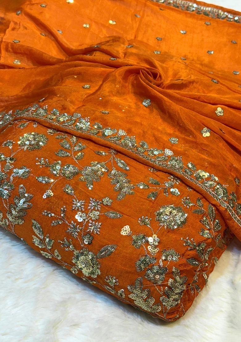 Girls Orange Embroidered Chinon Lehenga Set
