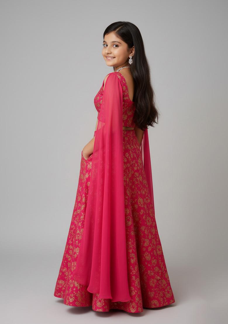 Girls Hot Pink Embroidered Chinon Lehenga Set - Indya
