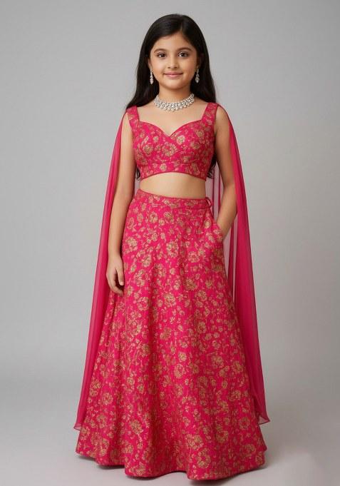 Girls Hot Pink Embroidered Chinon Lehenga Set