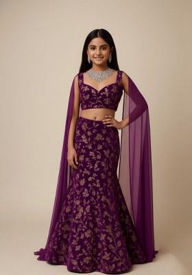 Girls Purple Embroidered Chinon Lehenga Set
