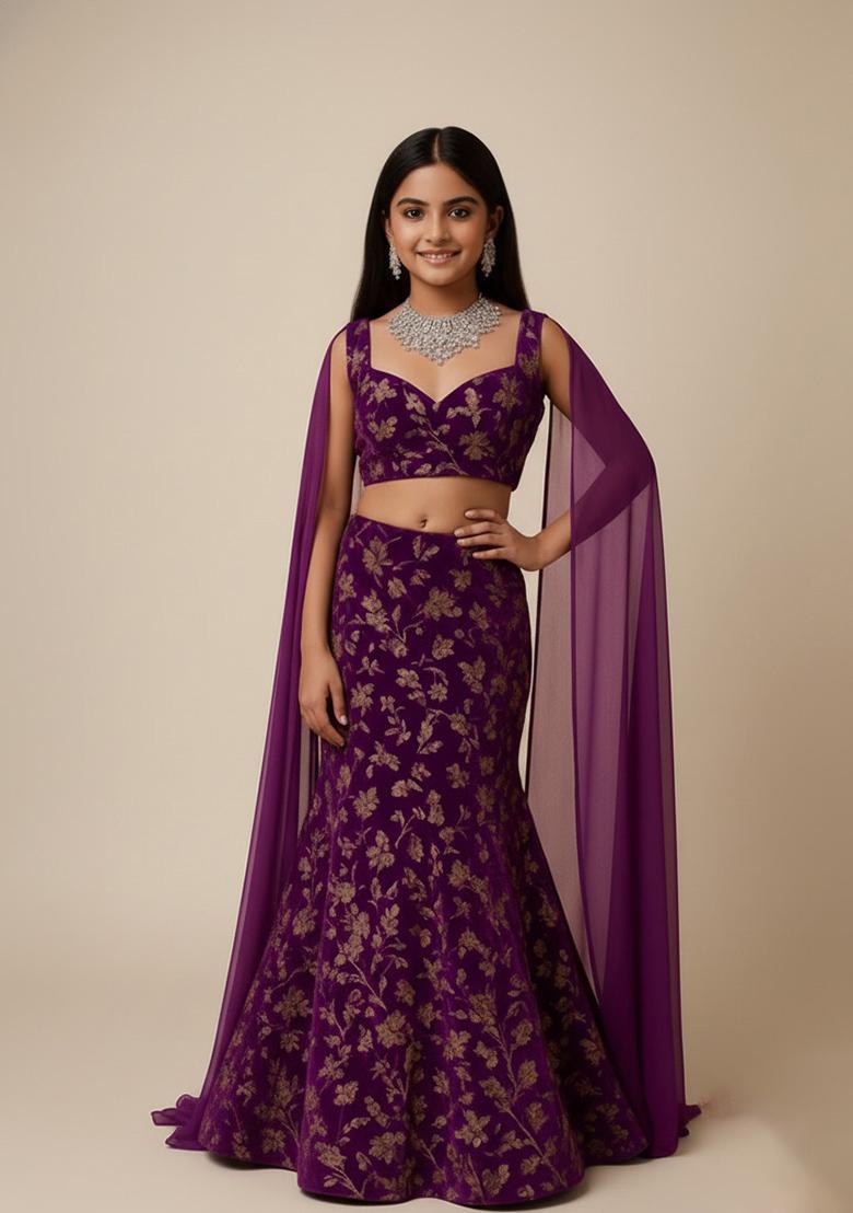 Girls Purple Embroidered Chinon Lehenga Set