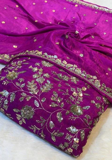 Girls Purple Embroidered Chinon Lehenga Set