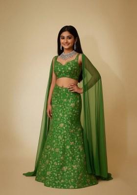 Girls Green Embroidered Chinon Lehenga Set