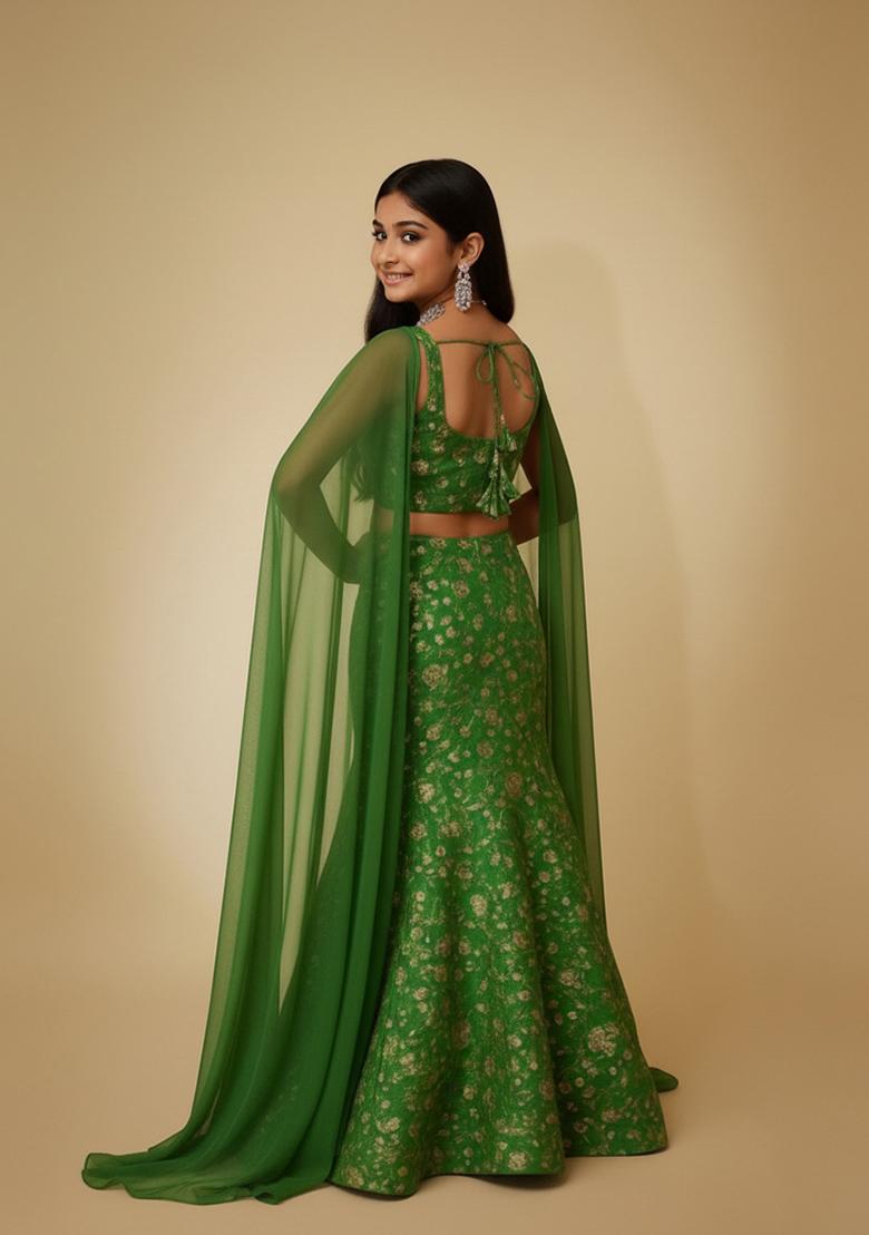 Girls Green Embroidered Chinon Lehenga Set - Indya