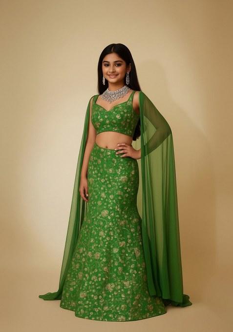 Girls Green Embroidered Chinon Lehenga Set