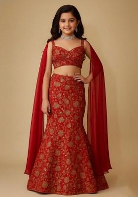 Girls Red Embroidered Chinon Lehenga Set