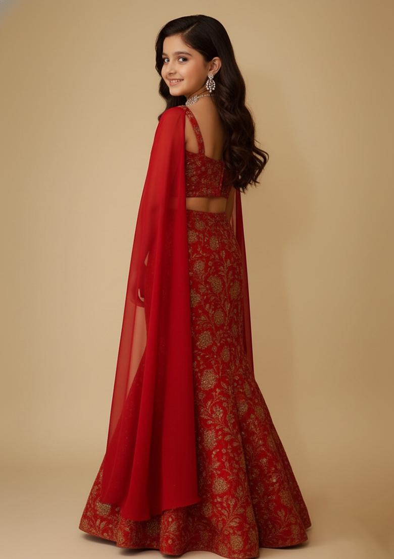 Girls Red Embroidered Chinon Lehenga Set - Indya