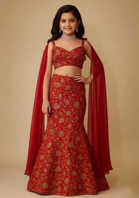 Girls Red Embroidered Chinon Lehenga Set