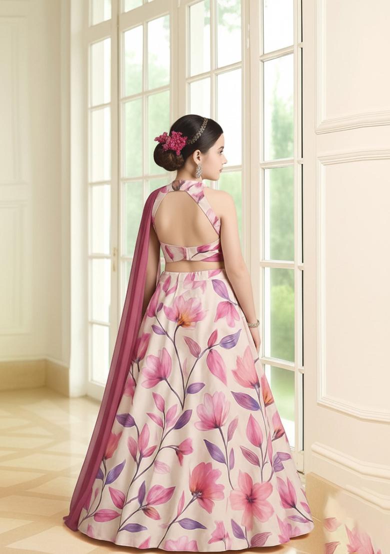 Girls Pink Floral Print Lehenga Set - Indya