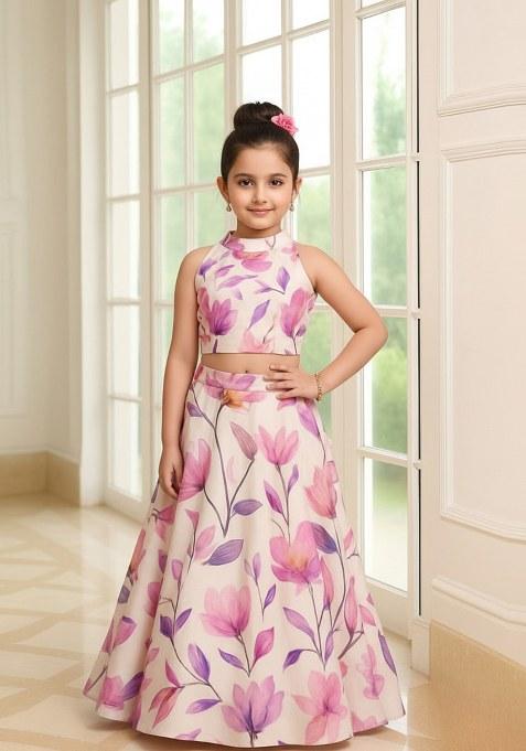 Girls Pink Floral Print Lehenga Set