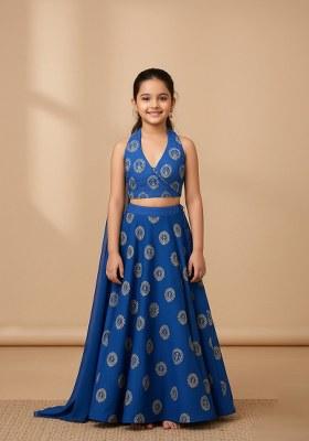 Girls Blue Embroidered Taffeta Silk Lehenga Set