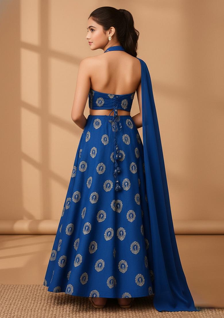 Girls Blue Embroidered Taffeta Silk Lehenga Set - Indya