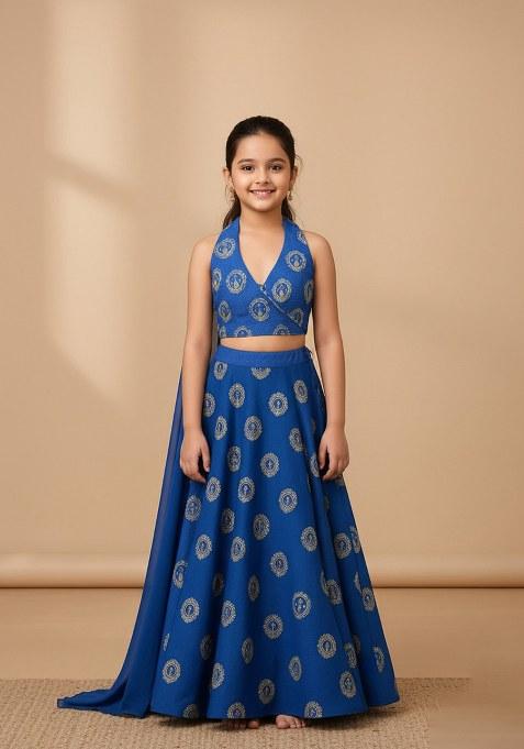 Girls Blue Embroidered Taffeta Silk Lehenga Set