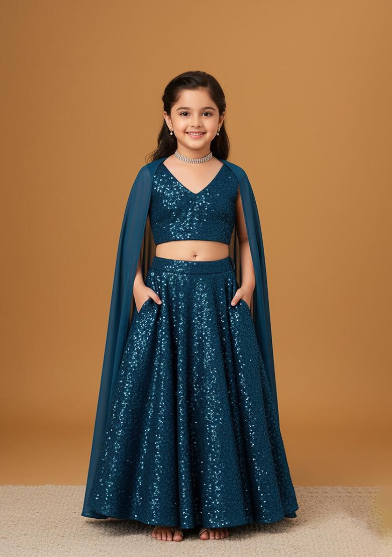 Girls Peacock Blue Embellished Net Lehenga Set