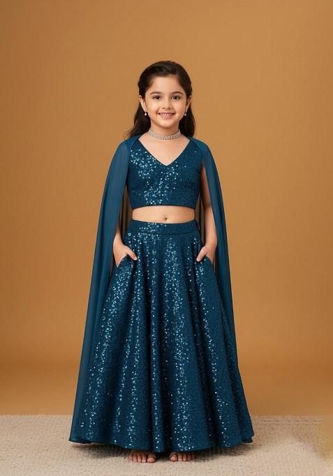 Girls Peacock Blue Embellished Net Lehenga Set