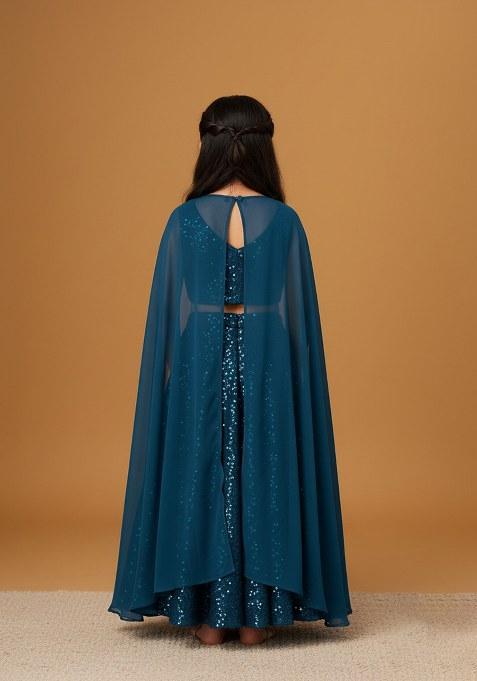 Girls Peacock Blue Embellished Net Lehenga Set