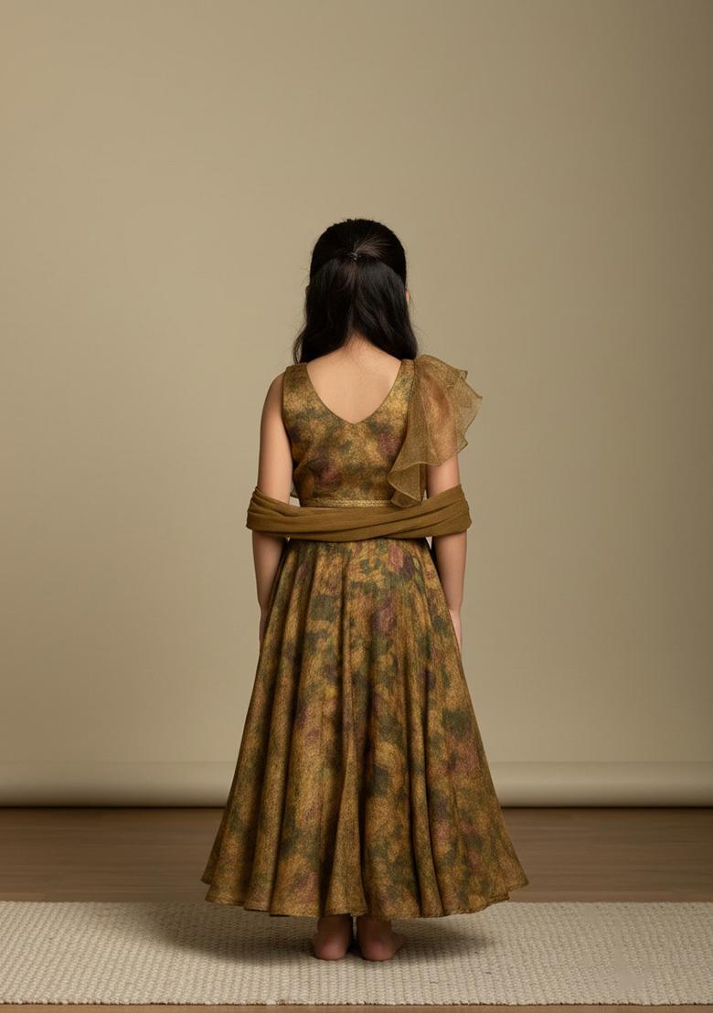 Girls Green Floral Print Tissue Lehenga Set - Indya