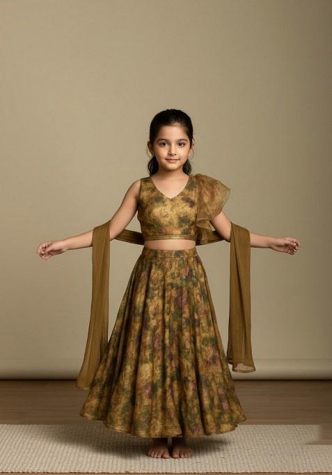Girls Green Floral Print Tissue Lehenga Set